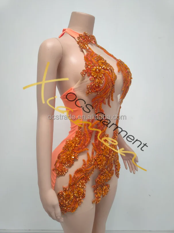 Ocstrade Luxury Handmade Halter Neck Orange Rhinestone Birthday Dress Woman Bling Sexy Party Club Dresses Sexy Women Clothing