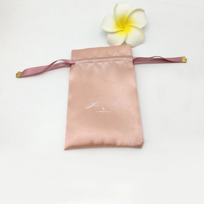 Custom Printed Logo Pink Gifts Satin Pouch Bag With String
