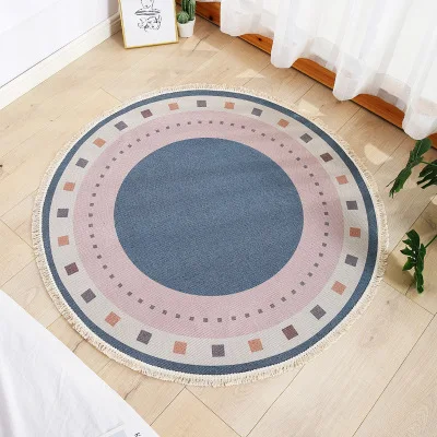 Wholesale nordic cotton linen round tassel floor mat home living room bedroom decor woven floor area carpet rug