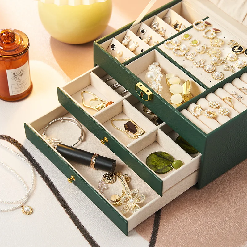 Wholesale Large Three Layer Drawer Pu Leather Earring Ring Stacker Jewelry Storage Box with Lock