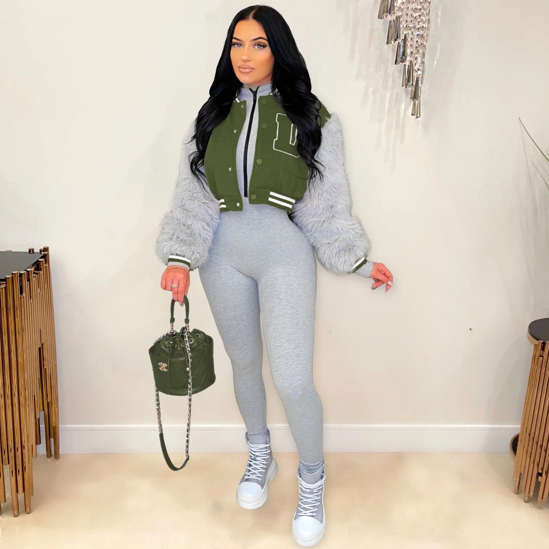 2022 Winter Women Fur Sleeve Jacket Short Baseball Coats Faux Rabbit Fur Baseball Jacket Coat Outwear Fur Coat Jacket