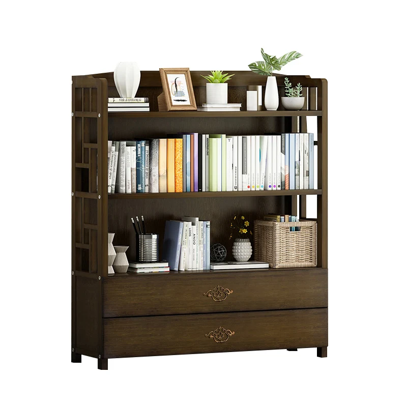 Office Book Cabinet Simple Modern Walnut Color Bookcase Display Shelf with Double Drawer Book Rack