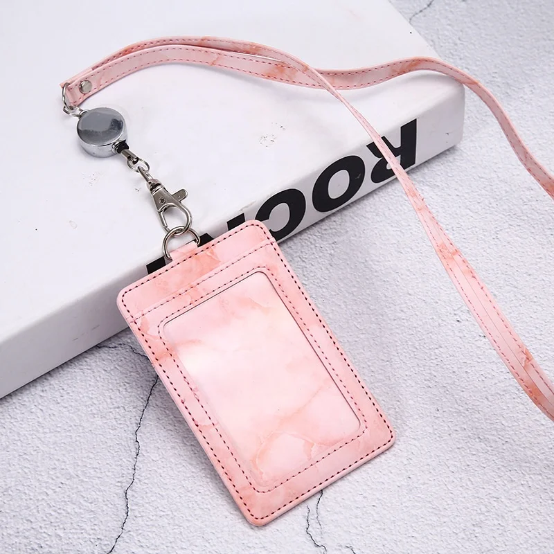 Marble Pattern PU Leather Clear ID Window Credit Card Case Retractable ID Name Badge Reel Holder Lanyard for Women Nurse