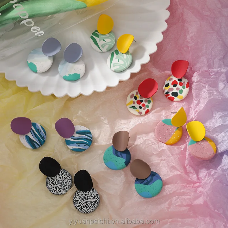 Bohemian Fashion Concave Alloy Handmade Round Polymer Clay Earrings For Women Jewelry