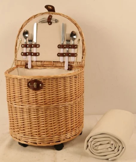 JY Wholesale  Decorative Woven Picnic Basket Wicker Wicker Picnic Basket Set Round Insulated Wicker Picnic Basket with Wheels