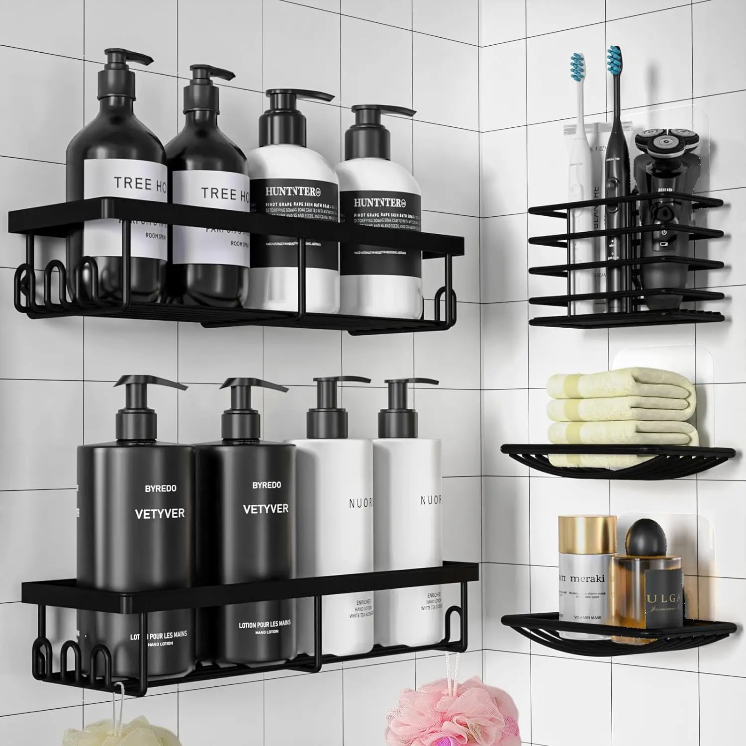 White Shower Caddy - 5 Piece Set, Multipurpose Shower Organizer, Waterproof & Rustproof Bathroom Shower Shelves