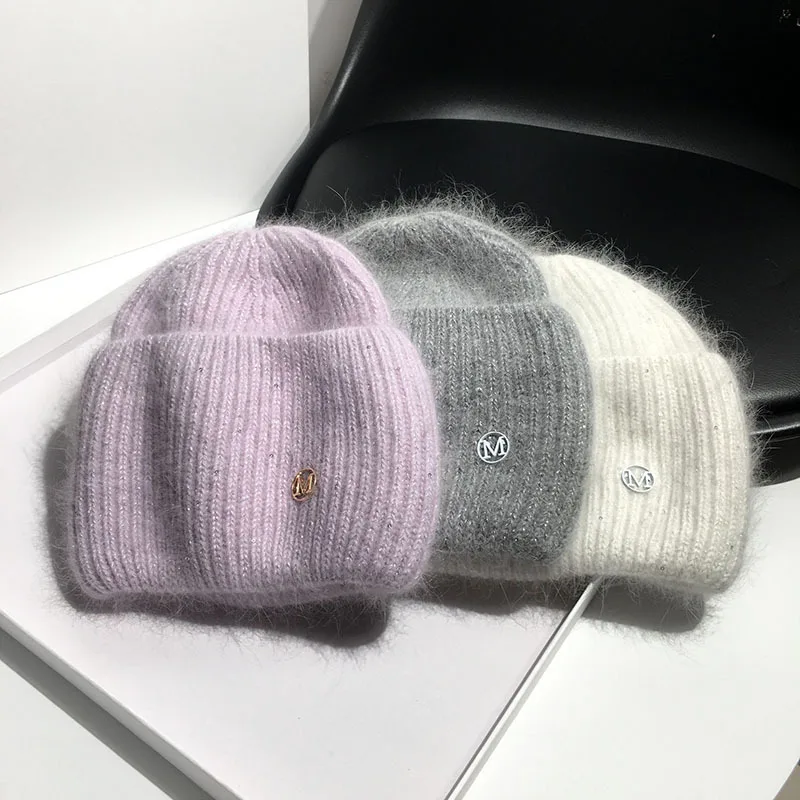 Women Hot selling custom winter hat real angora rabbit fur knitted beanie hat with good quality