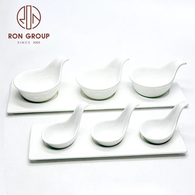 Wholesale Good Quality Restaurant Tableware Sauce White Porcelain Serving Plate Tray Bowls Sets Snack Ceramic Dishes with Handle