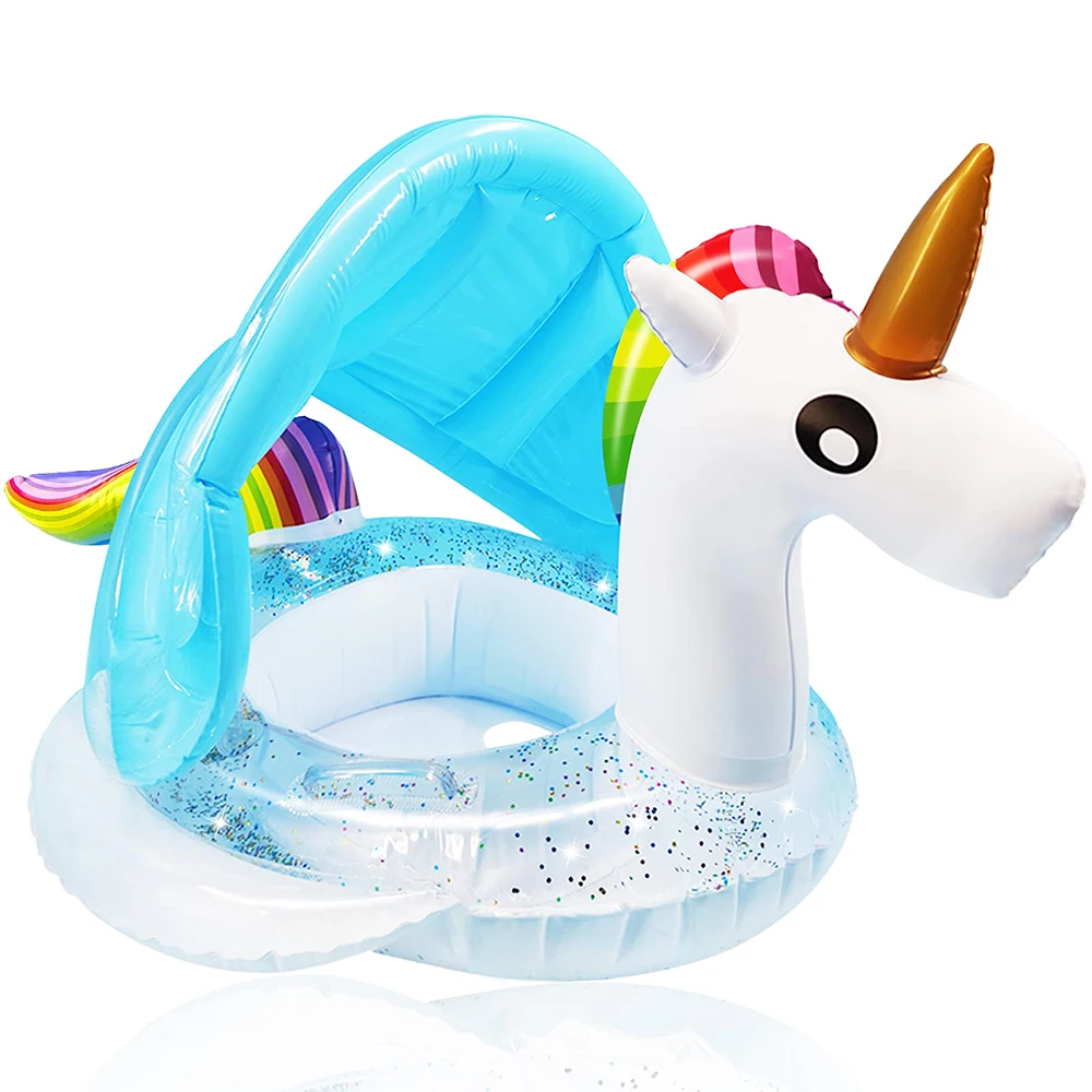 Customized Cartoon Unicorn Shape Sunshine Water Fun Kids Pool Float Toys Baby Swimming Ring Inflatable Baby Seat with Sun Canopy