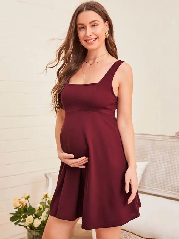  Wholesale women knitted custom underwear pregnant elegant sexy dress maternity solid cotton breathble square neck