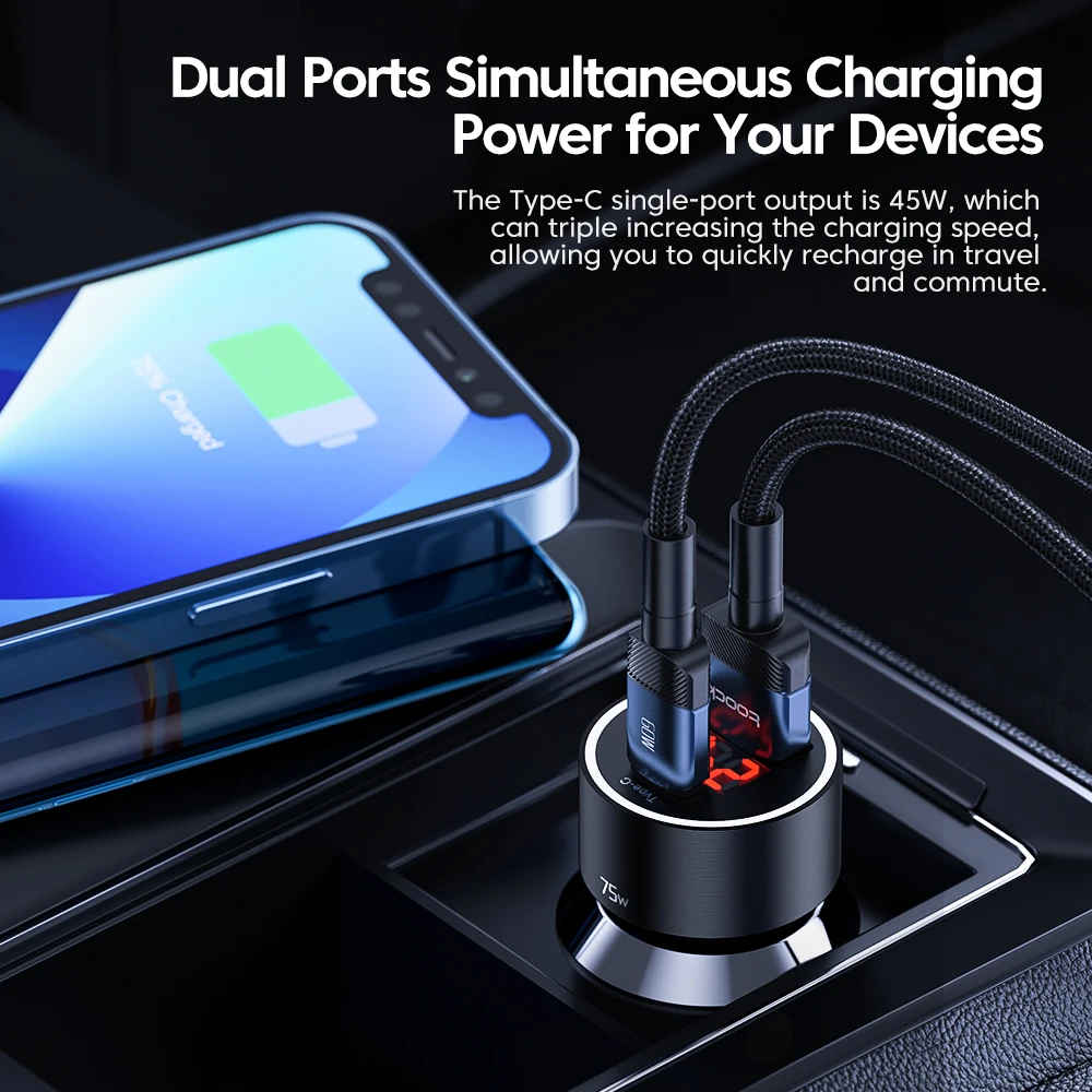 Hot Selling 12V 75W USB With PD Port Super Fast Charging Digital Display Mini Car Charger For Cellphone