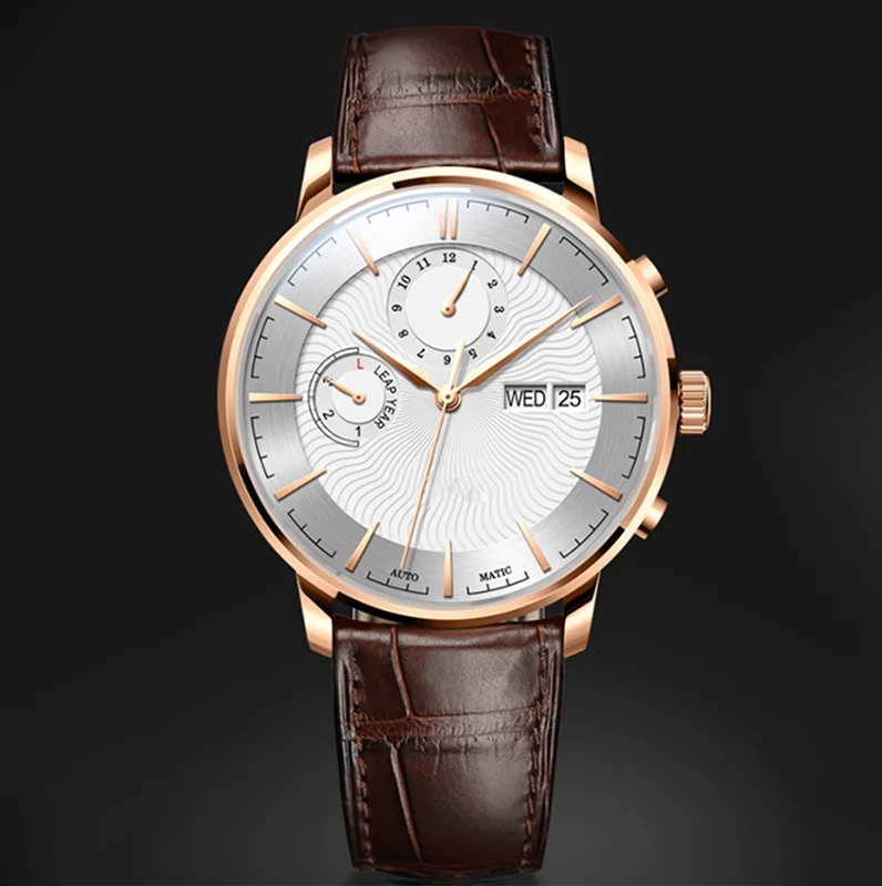 OEM custom leather strap chronograph high quality  back case  men stainless steel automatic watch