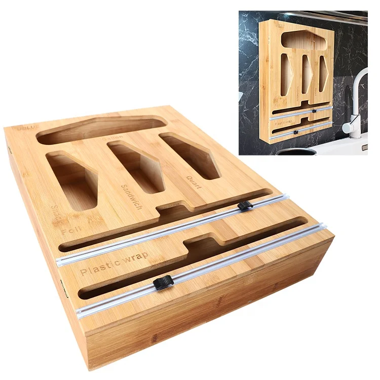 Bamboo Ziplock Food Bag Holder And 12 lnches Foil Dispenser Aluminum Organizer Compatible Wall storage holders & racks