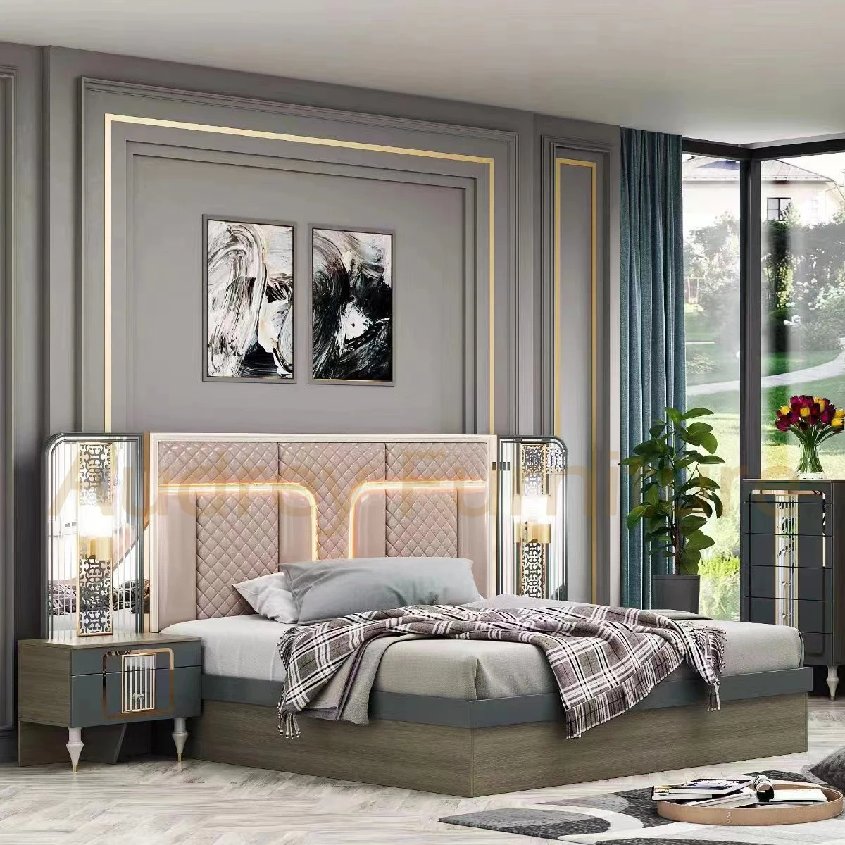 Audrey Luxurious King Bedroom Furniture Sets Led Lighted Modern Complete King Size Bedroom Sets