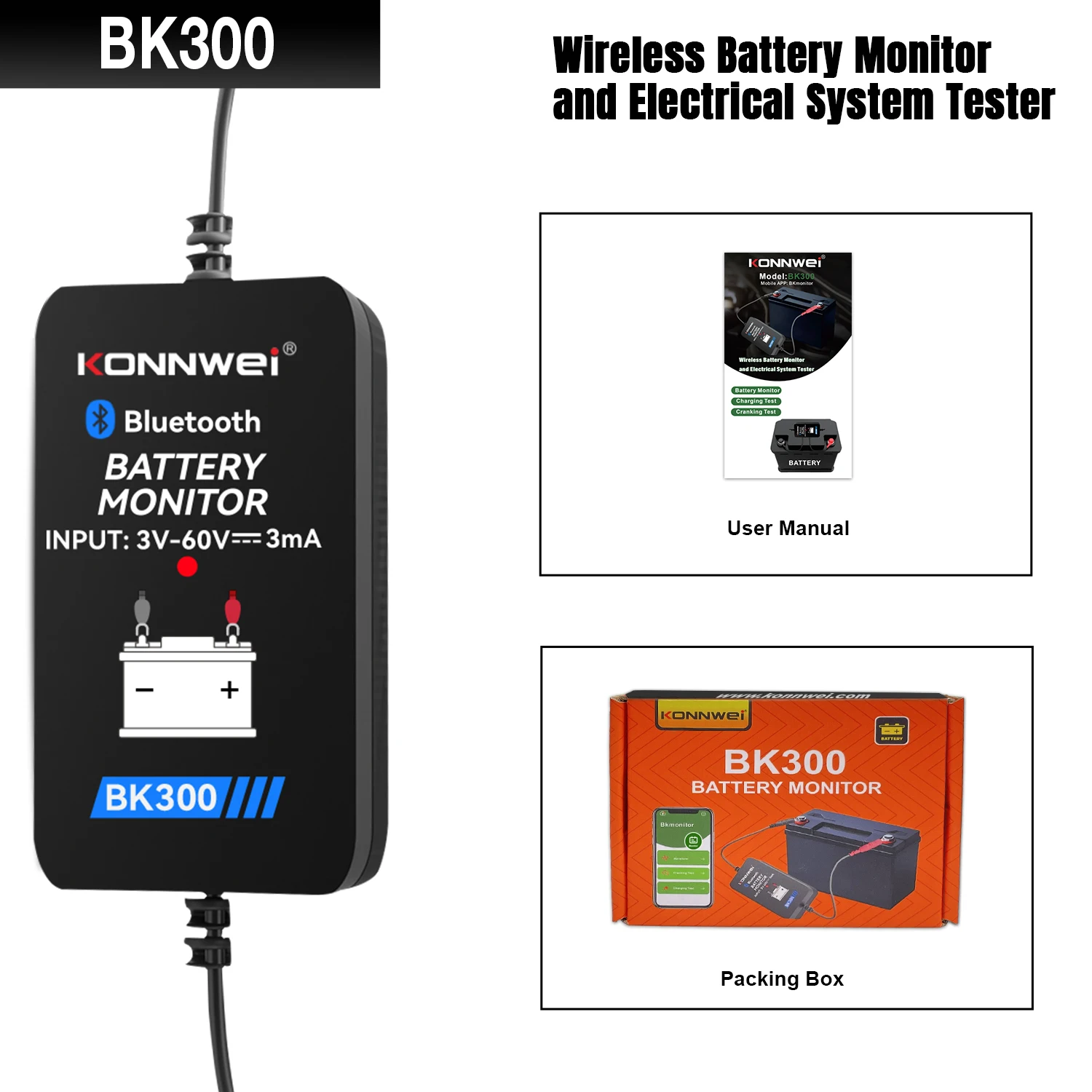 Smart  konnwei  BK300 BKmonitor Mobile APP 6V 12V 24V  Multifunctional Bluetooth Car Battery Monitor