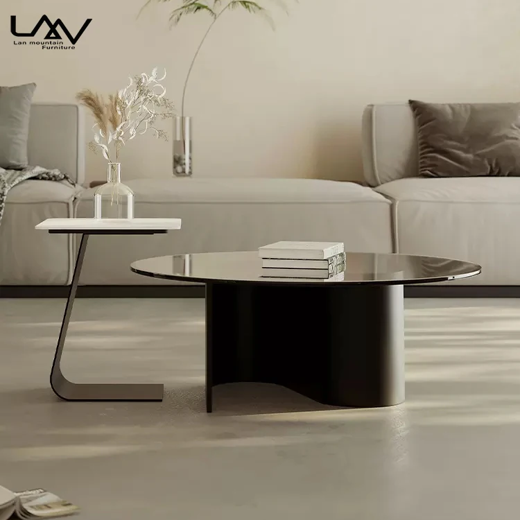 Nordic Style Living Room Black Coffee Table Hotel Villa Luxury Metal Frame Glass Top Round Coffee Table And Side Table Set
