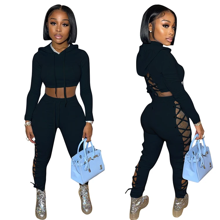 custom 2 piece women set neon two piece set women clothing sexy hollow out long sleeve short hoodie and pants set