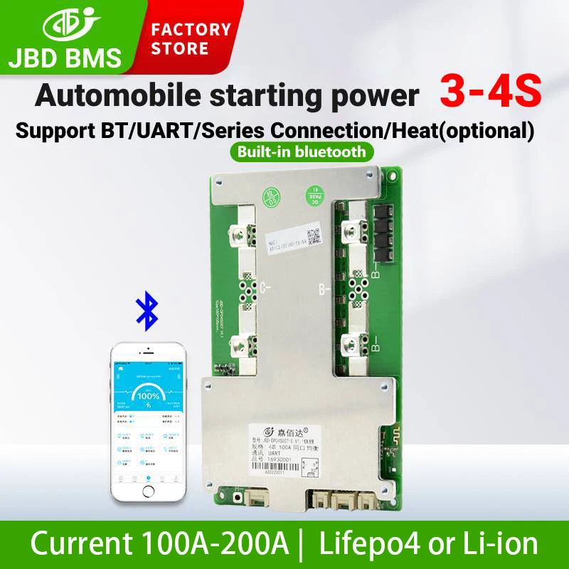 JBD High Current 200A BMS 4s 12V LiFePO4 Smart BMS for Starting Power LFP BMS with BT UART NTC Heating
