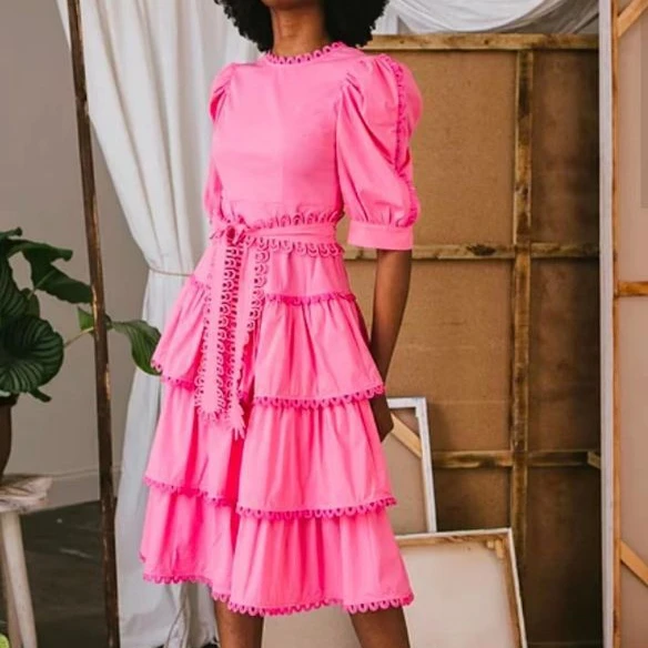 SM036  O-Neck Bubble Sleeve Short Sleeve Heavy Industry Small Edge Splicing Band Waist Long Dress 2021