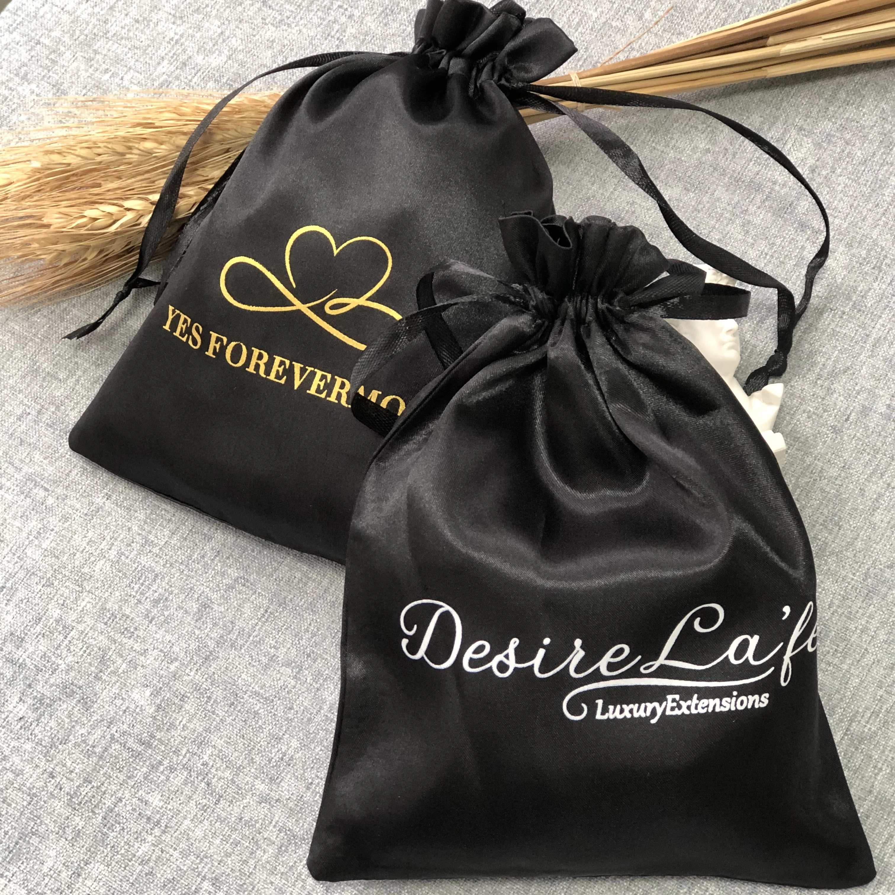 Wholesale Custom Printed Logo Small Silk Satin Jewelry Pouch Drawstring Satin Bag Hair Extension Bags