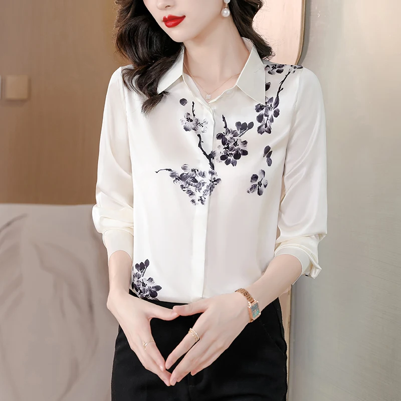 2024 Women Spring Autumn Vintage Stitching Print Blouses Korean Elegant Office Shirt Long Sleeve Shirt Ladies Chiffon Blouse Top