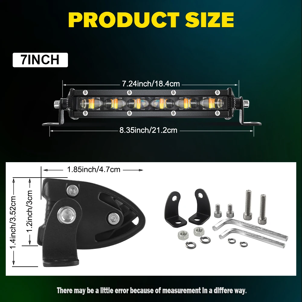 Dual Color Strobe White Amber Single Row Light Bar with 6D Driving Fog Light Off Road Truck ATV UTV 7inch Slim Led Light Bar