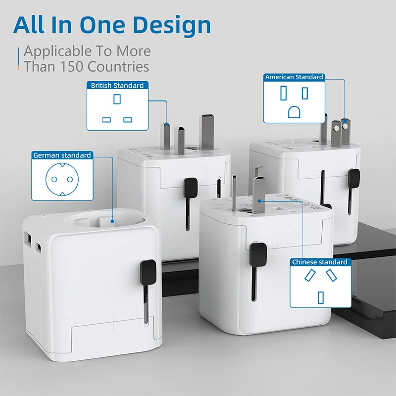 Earth pin EU to World travel adapter with PD and QC 20watts charging ports, type C E F shuko covverter adaptor