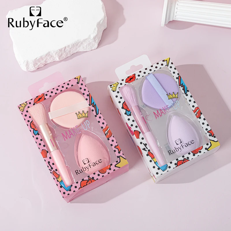 Fast Shipments RubyFace 3 Pcs Travel Use Makeup Brush And Powder Puff Sponge Facial Makeup Tools Kits