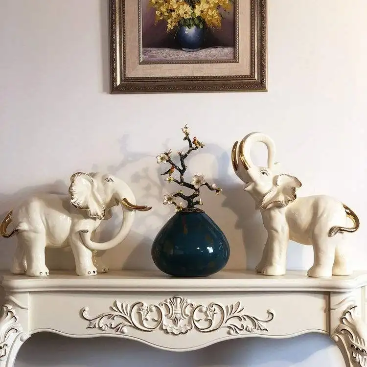 Elegant White Elephant Living Room Lucky Decoration 2Pcs Ceramic Elefante Set European Style Ceramic Elephant Figurine