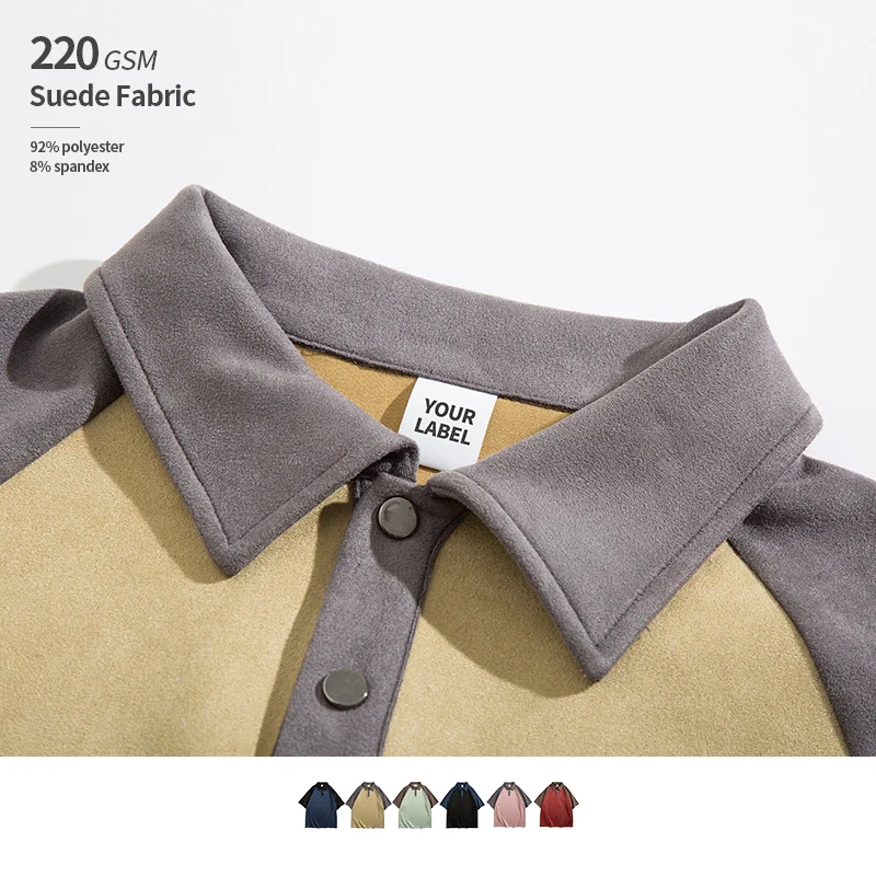 Suede 220 GSM High Quality 8% Spandex 92% Polyester Loose Style Metal Buttons Custom Logo Suede T Shirt Polo