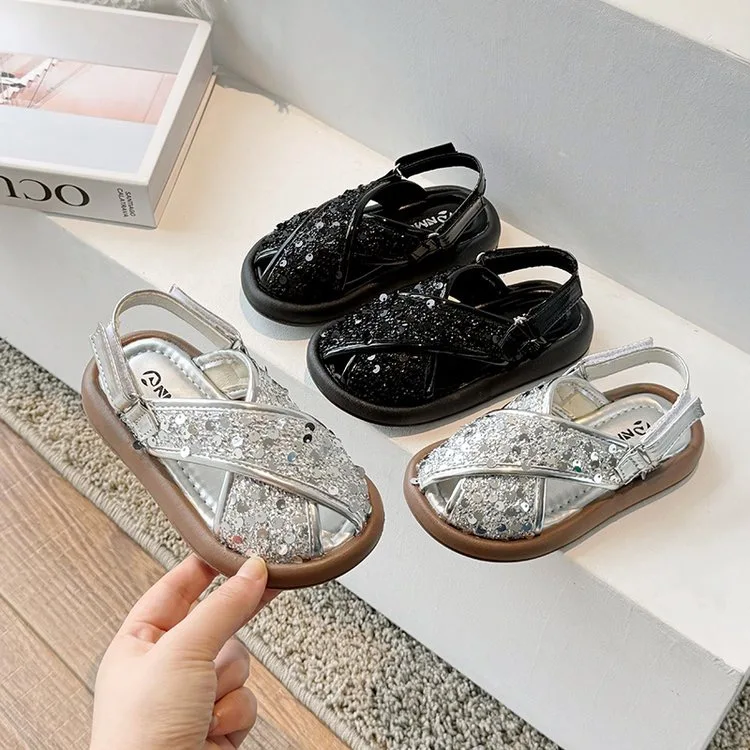 Children Fashion Casual Summer Soft-Soled Non-Slip Sequin Kid Girls Sandals Breathable Beach Sandals