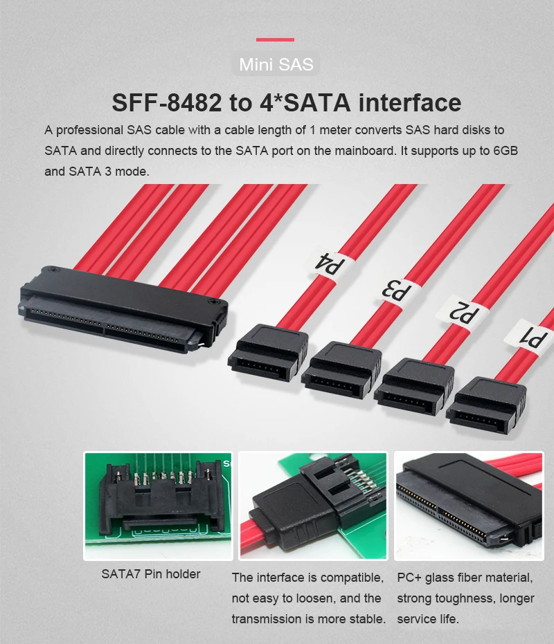 OIKWAN SAS 29Pin SFF-8482 Male to 4* 7Pin SATA Male Hard Disk Drive Raid Cable Adapter