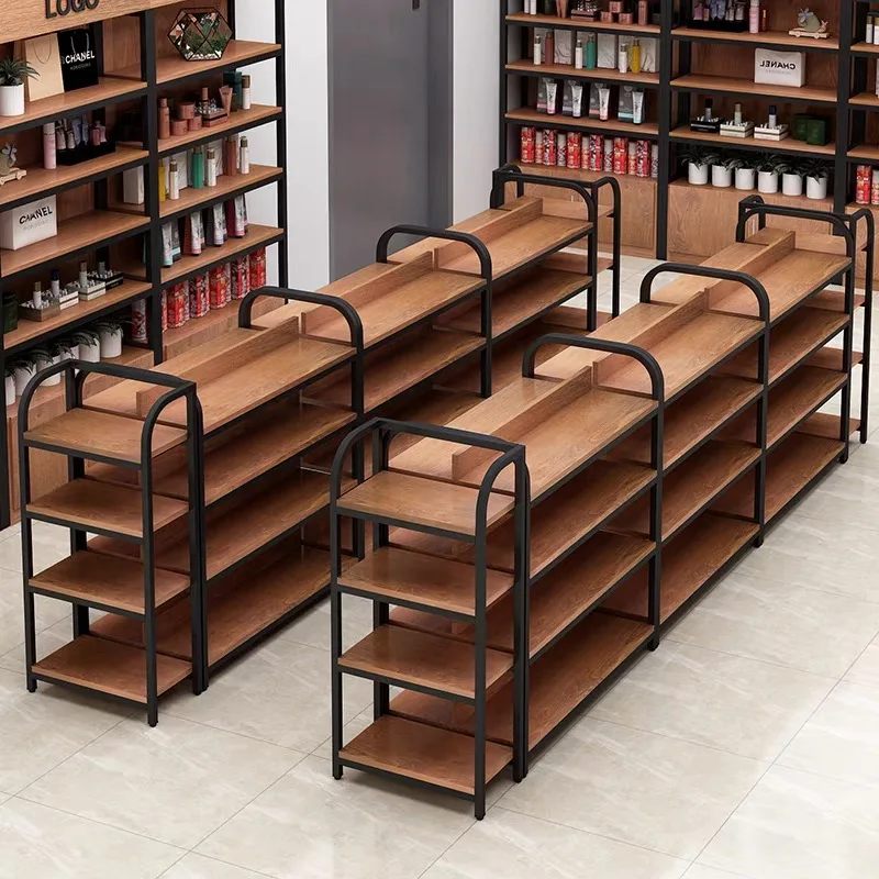 Custom Wood Shelving supermarket wooden display rack retail shelves with led supermarket display shelves