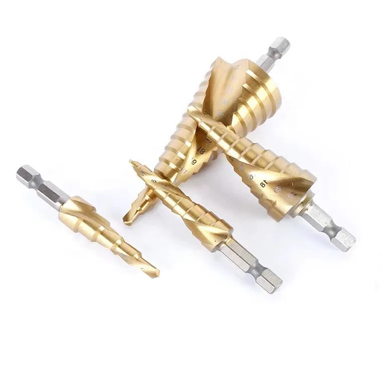 HSS 6542 spiral flute Hexagonal shank cone titanium stepped bits multifunctional drill