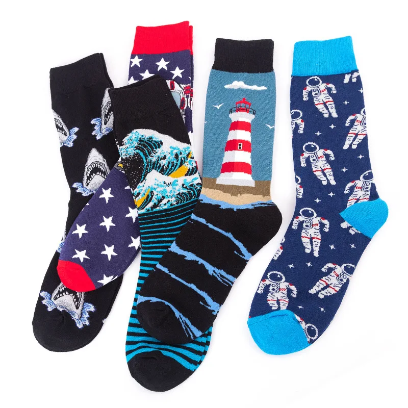 Men socks combed cotton cartoon animal bird shark zebra corn watermelon sea food geometric novelty funny socks