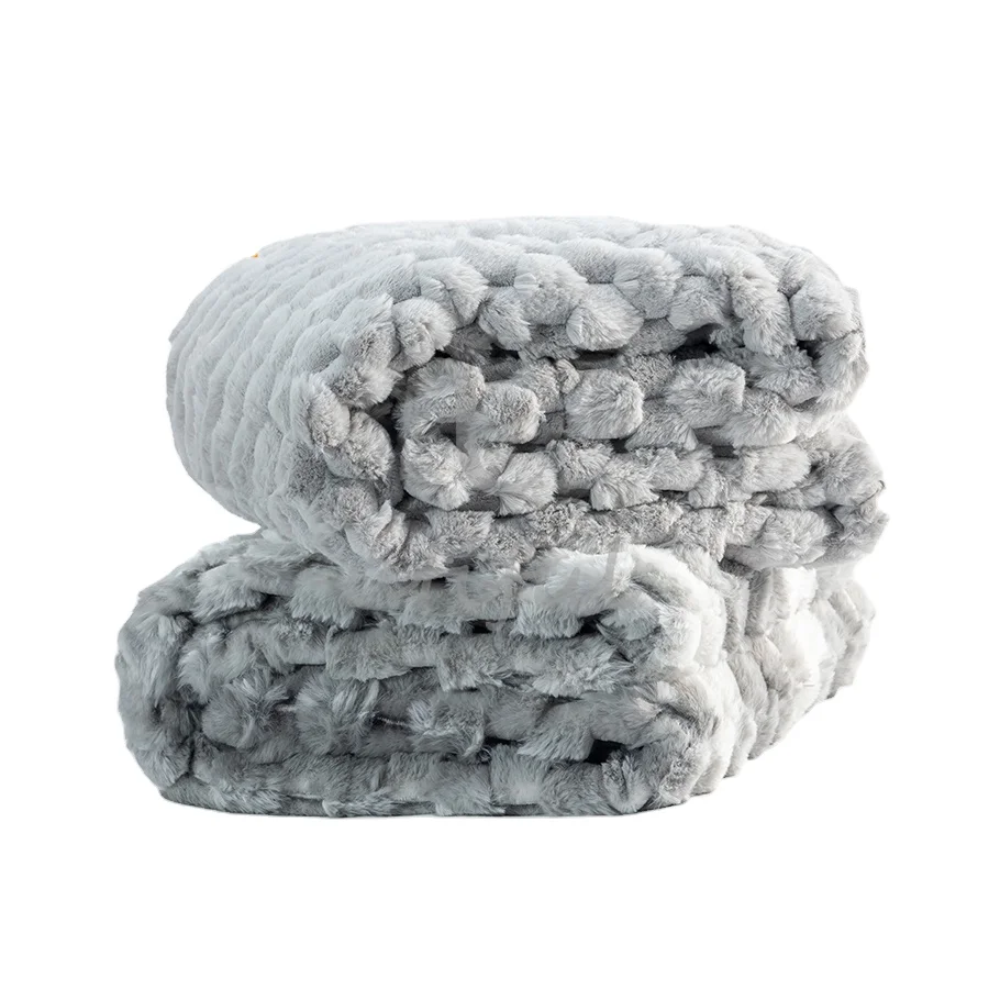 Decorative fluffy Pompom knit gray color solid and stripe printed polyester rabbit faux fur fleece mink blanket reversible