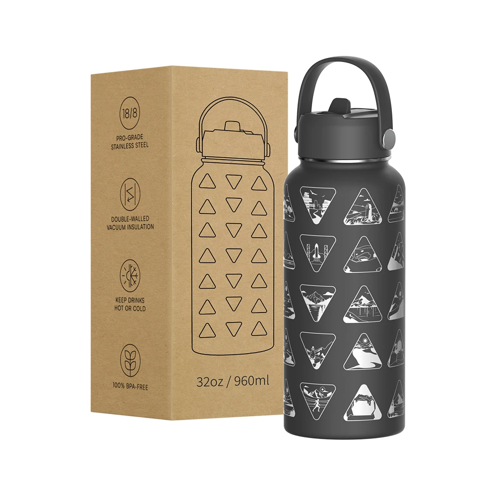 32 oz Screen Printed Insulated Stainless Steel Vacuum Sealed Travel Water Bottle with Waterproof Stickers and Straw