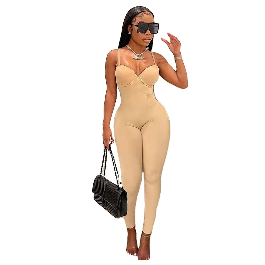 K21Q10418 Fashion Clothes 2022 Sleeveless Halter Jumpsuit High Street Solid Color Bodycon One Piece Plus Size Jumpsuit