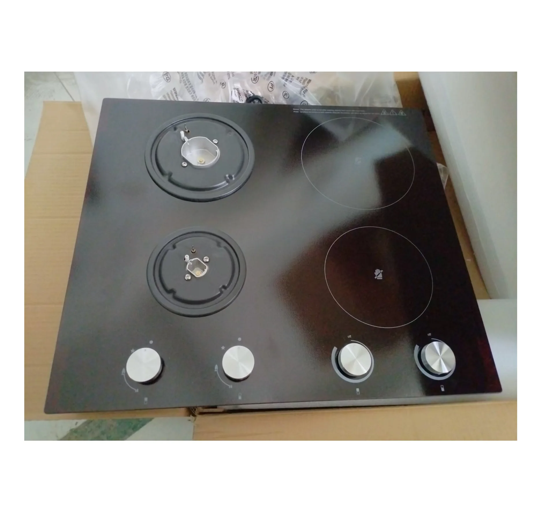 60cm/24 inch Built in Gas Cooktop, 4 Burners, Black Glass, Knob Touch Control, Gas Induction Stove Top
