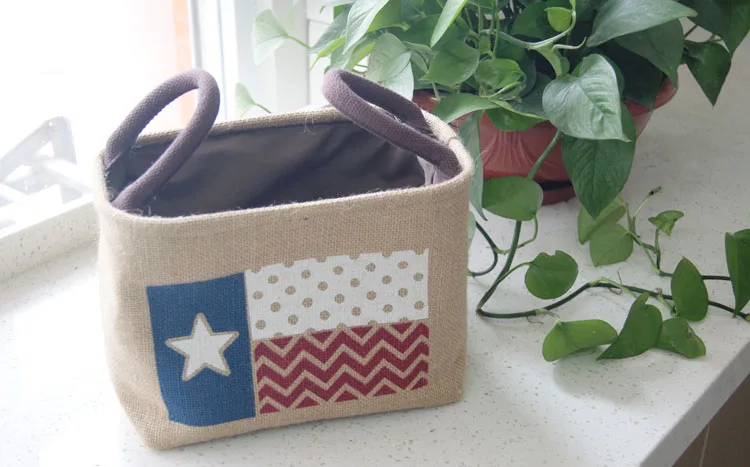 Factory direct sale rectangular and oval clothes toy storage box organizer fabric linen jute printed storage basket with carry h