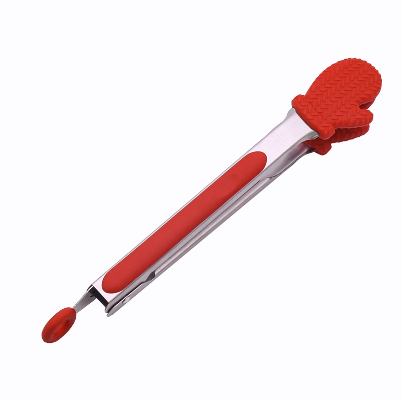 High quality gloves shape 2pcs locking kitchen tongs stainless steel silicone food serving tongs