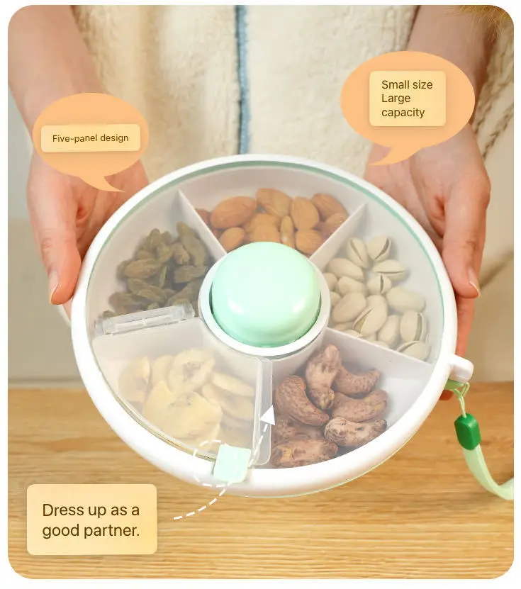5 Compartment Portable Rotating Clear Round Plastic Carry Out Food Nuts Snack Box Spinner Containers for Kid or Baby