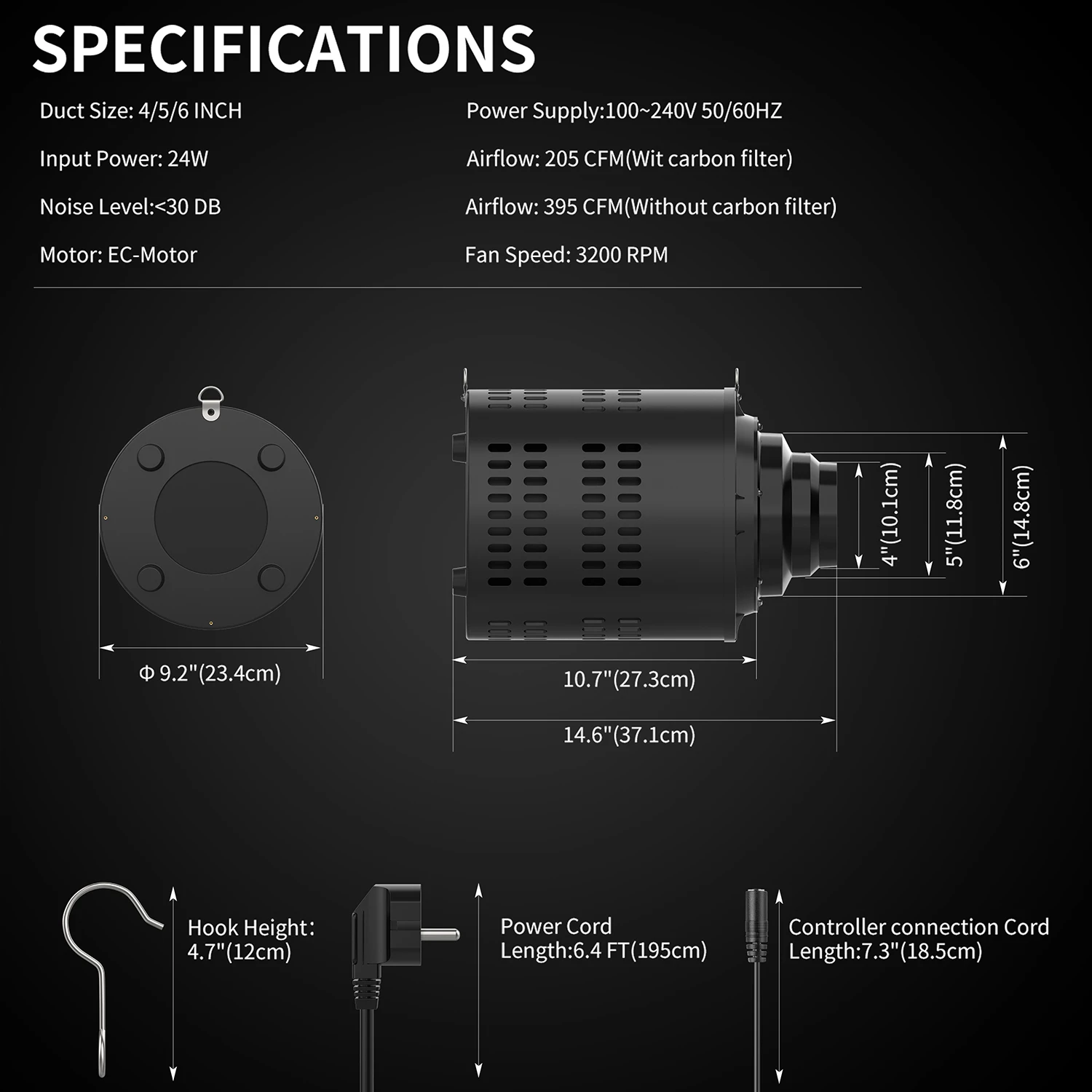 Patented Carbon Filtration Ventilator Complete Kit EC 24W 3200RPM Fan Speed 395CFM Airflow 30dB Low Vibration