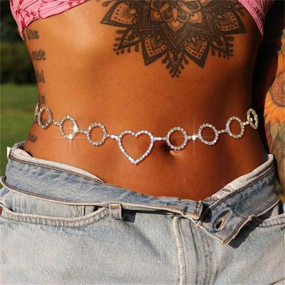 Новый Европейский пояс с сердечком и цепочкой на животе блестящими стразами