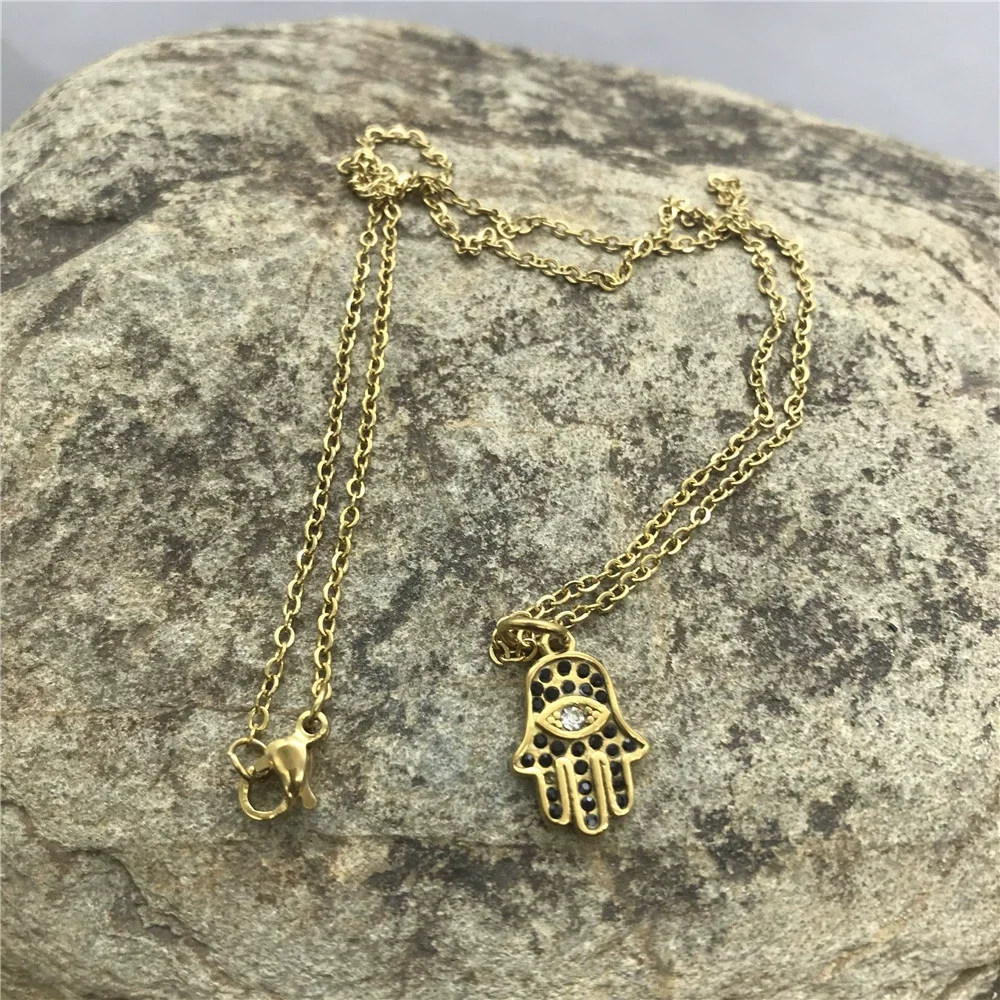 2022 creativity stainless steel luck eye pave zirconia gold palm charm pendant necklace for men and women