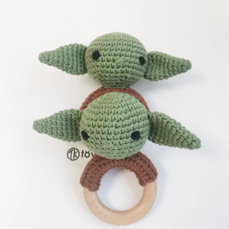 Handiwork Crochet Baby Yoda Rattle Toys Amigurumi Yarn Knitted Beech Wood Teether Star