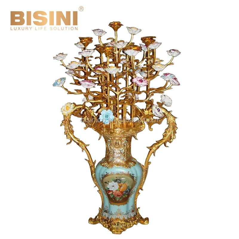 68 Inches High Classic Vintage Gilt Brass Three Cherub Mounted Rococo Painted Ornated Porcelain Vase