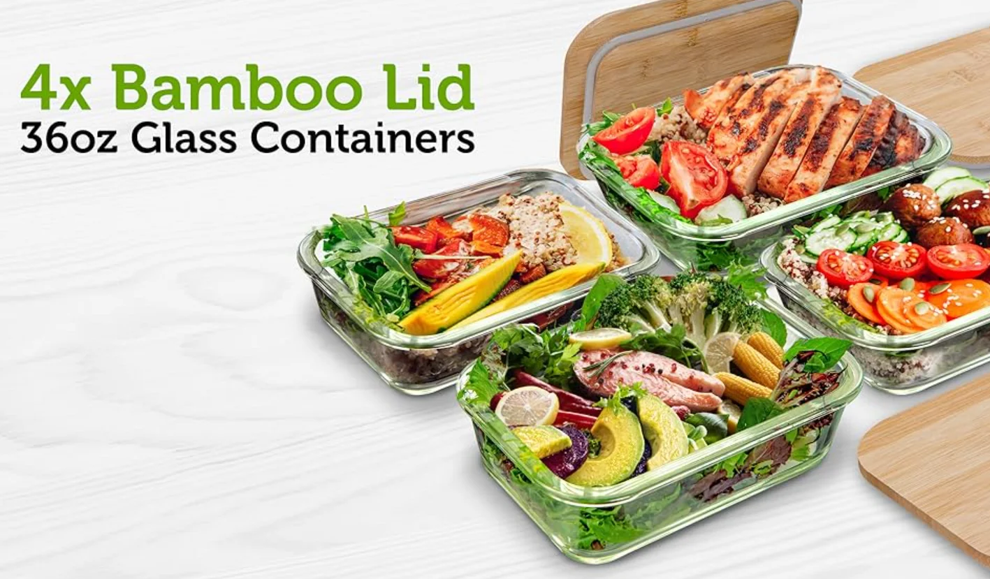 W40 Glass Food Storage Containers with Bamboo Lids Eco Friendly Containers Airtight, BPA Free Borosilicate Glass container