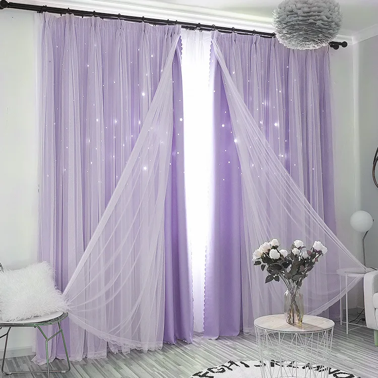Double Lace Hollow Star Curtain Princess Wind Mesh Bedroom Living Room Blackout Curtains for Bedroom Kids Room