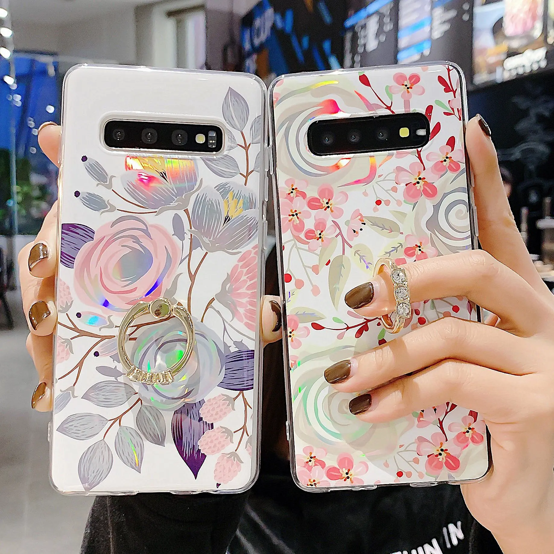 Luxury Laser Flowers With Ring Design Soft TPU Shockproof Phone Case For Samsung S21 Ultra A21S A22 5G